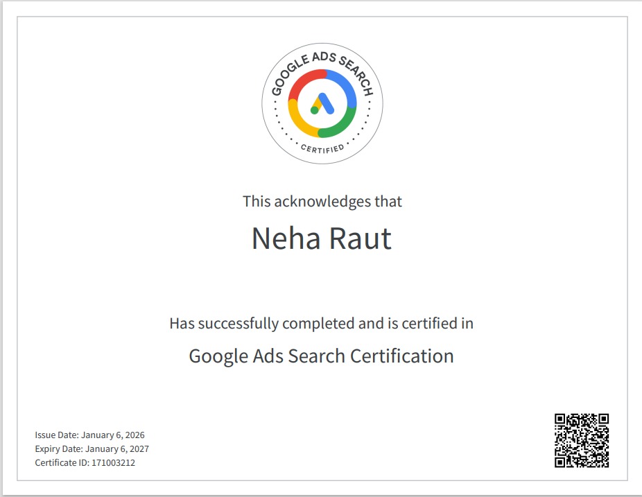 Google Ads Search Certified professional Neha Raut with official Google certification.”